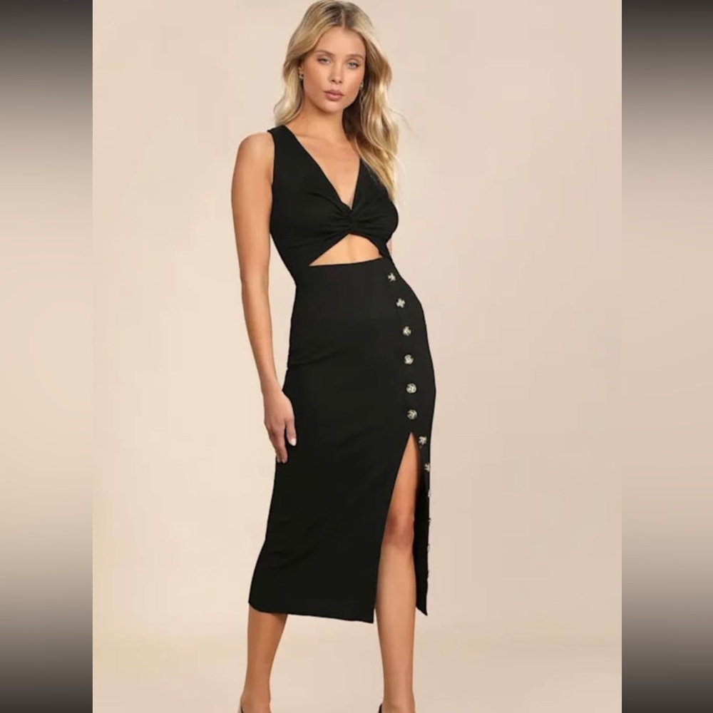 Lulu’s Trend Seeker Black Ribbed Twist-Front Cutout Midi Dress